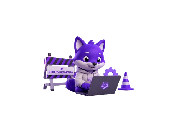 Mascote VionTech trabalhando no notebook, cercado por placa de 'em desenvolvimento' e cone de sinalização